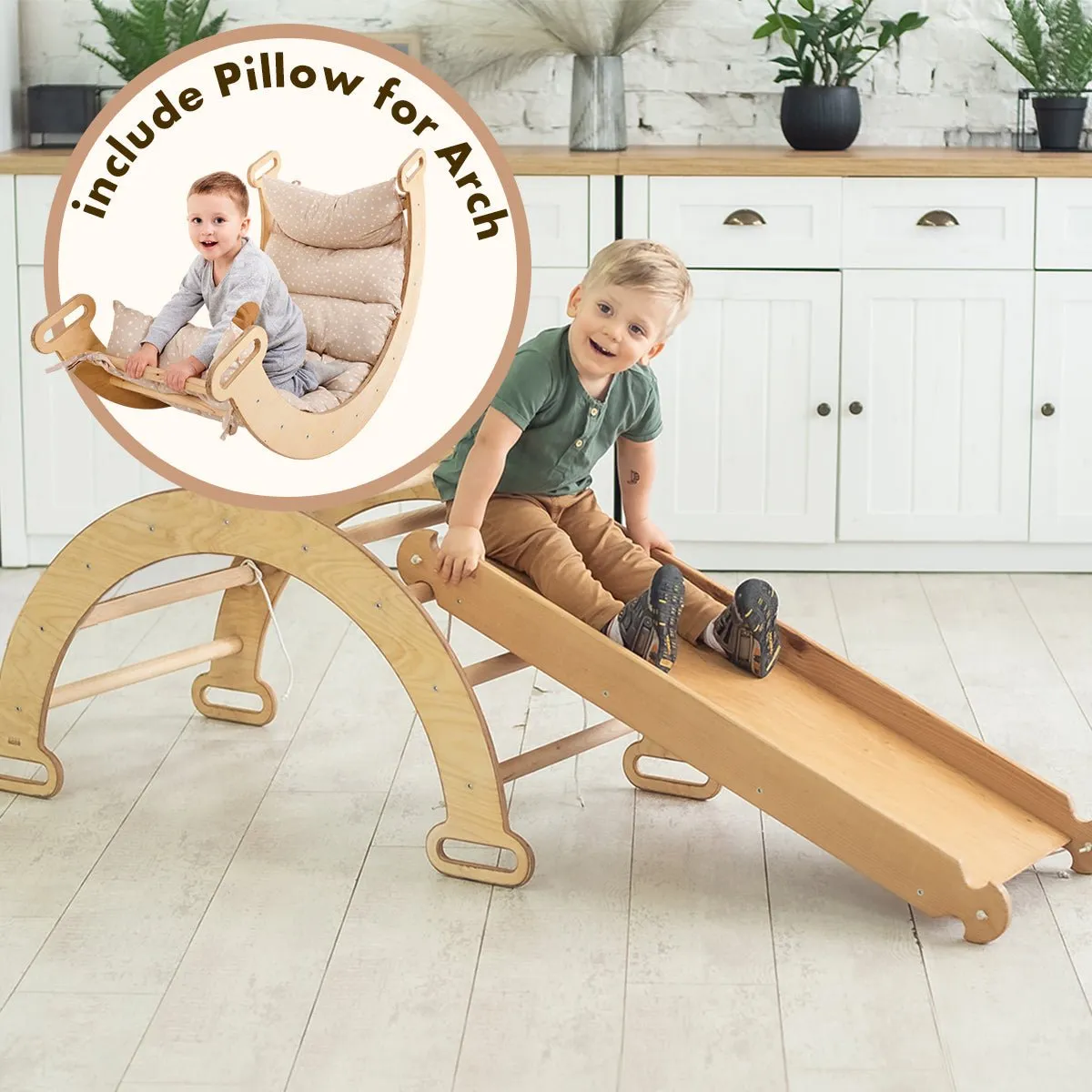 3in1 Montessori Play Set for Toddlers: Arch   Slide   Cushion - Beige