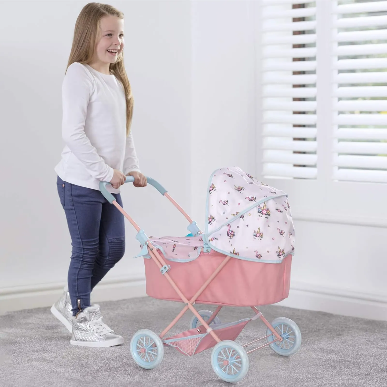 BabyBoo Junior Roamer Deluxe Doll Pram Unicorn & Flamingo Pattern Matching Changing Bag