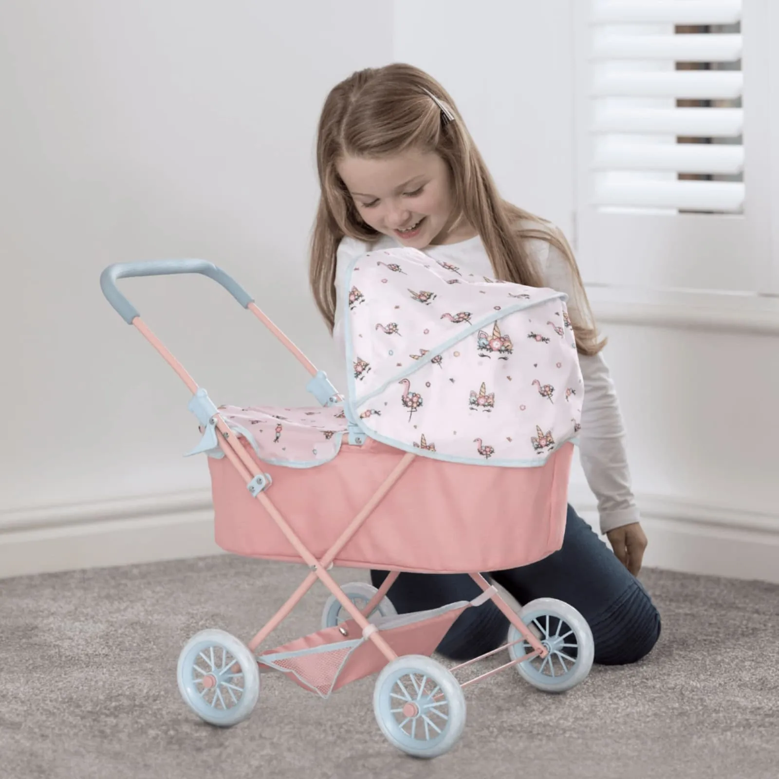 BabyBoo Junior Roamer Deluxe Doll Pram Unicorn & Flamingo Pattern Matching Changing Bag