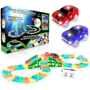 Glow in The Dark Race Car Tracks Flexible Bendable Track Set with Ramps, Bridge, 2 LED Cars (360pk)