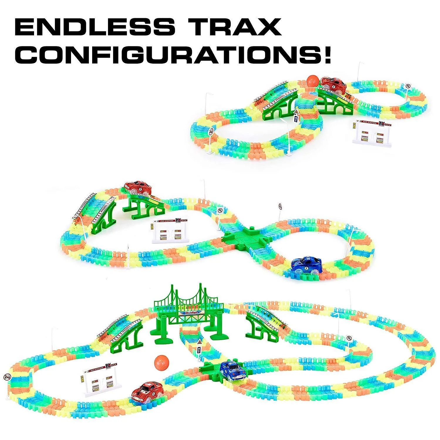 Glow in The Dark Race Car Tracks Flexible Bendable Track Set with Ramps, Bridge, 2 LED Cars (360pk)