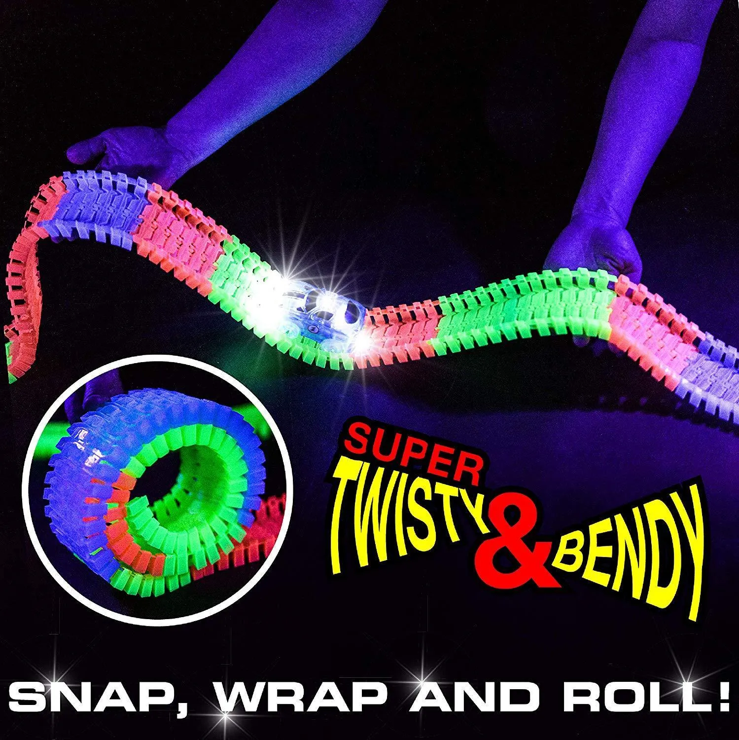 Glow in The Dark Race Car Tracks Flexible Bendable Track Set with Ramps, Bridge, 2 LED Cars (360pk)