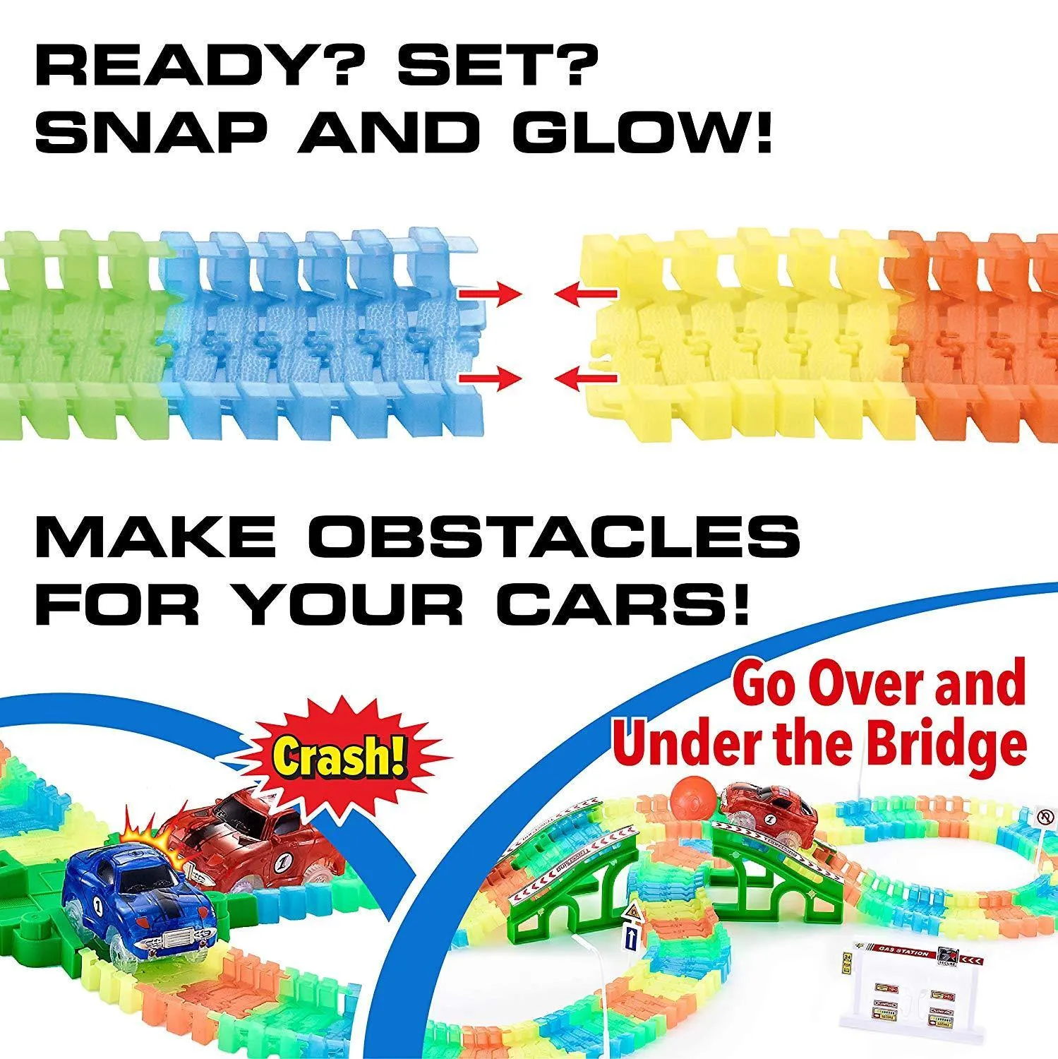 Glow in The Dark Race Car Tracks Flexible Bendable Track Set with Ramps, Bridge, 2 LED Cars (360pk)