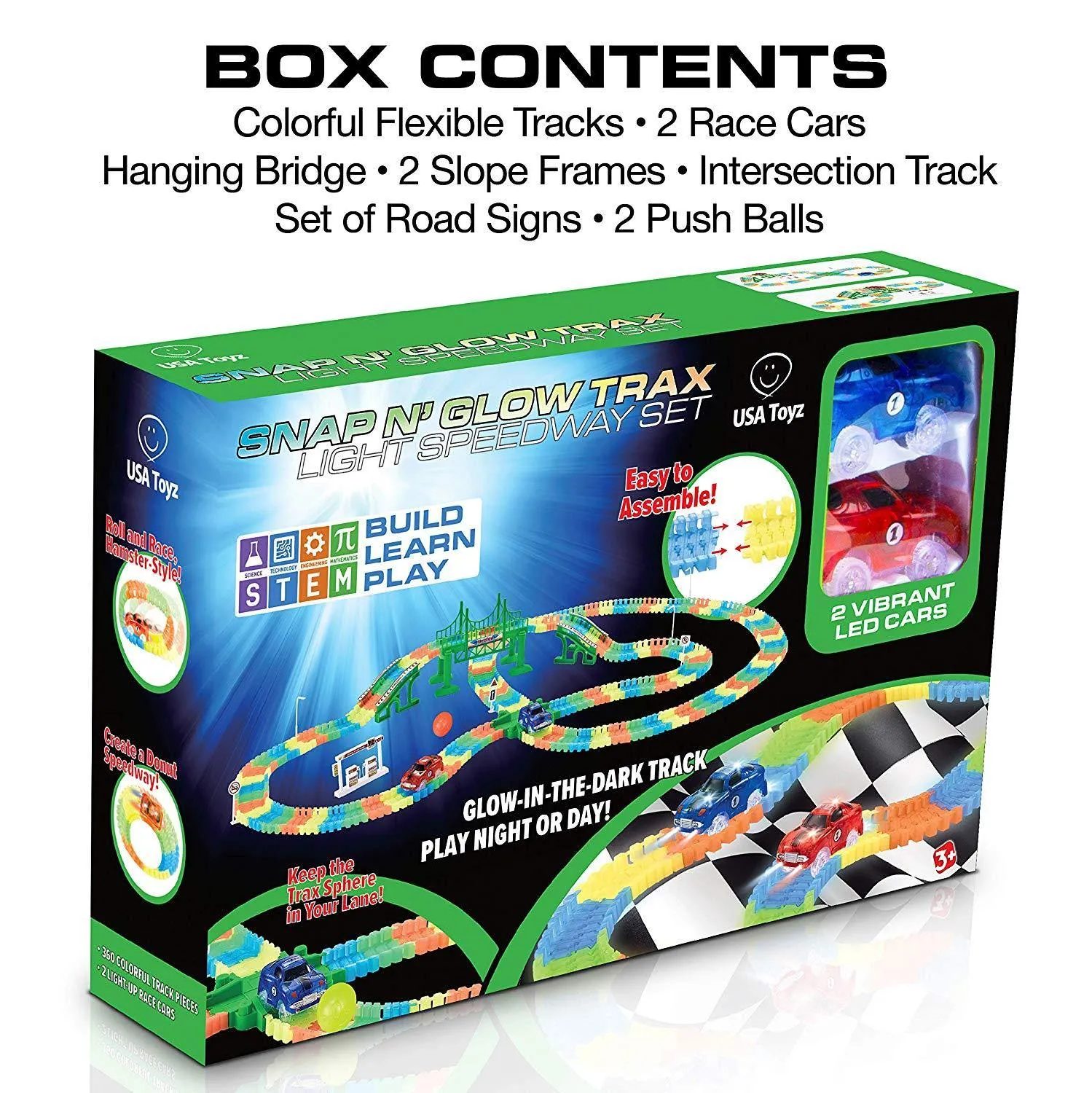 Glow in The Dark Race Car Tracks Flexible Bendable Track Set with Ramps, Bridge, 2 LED Cars (360pk)