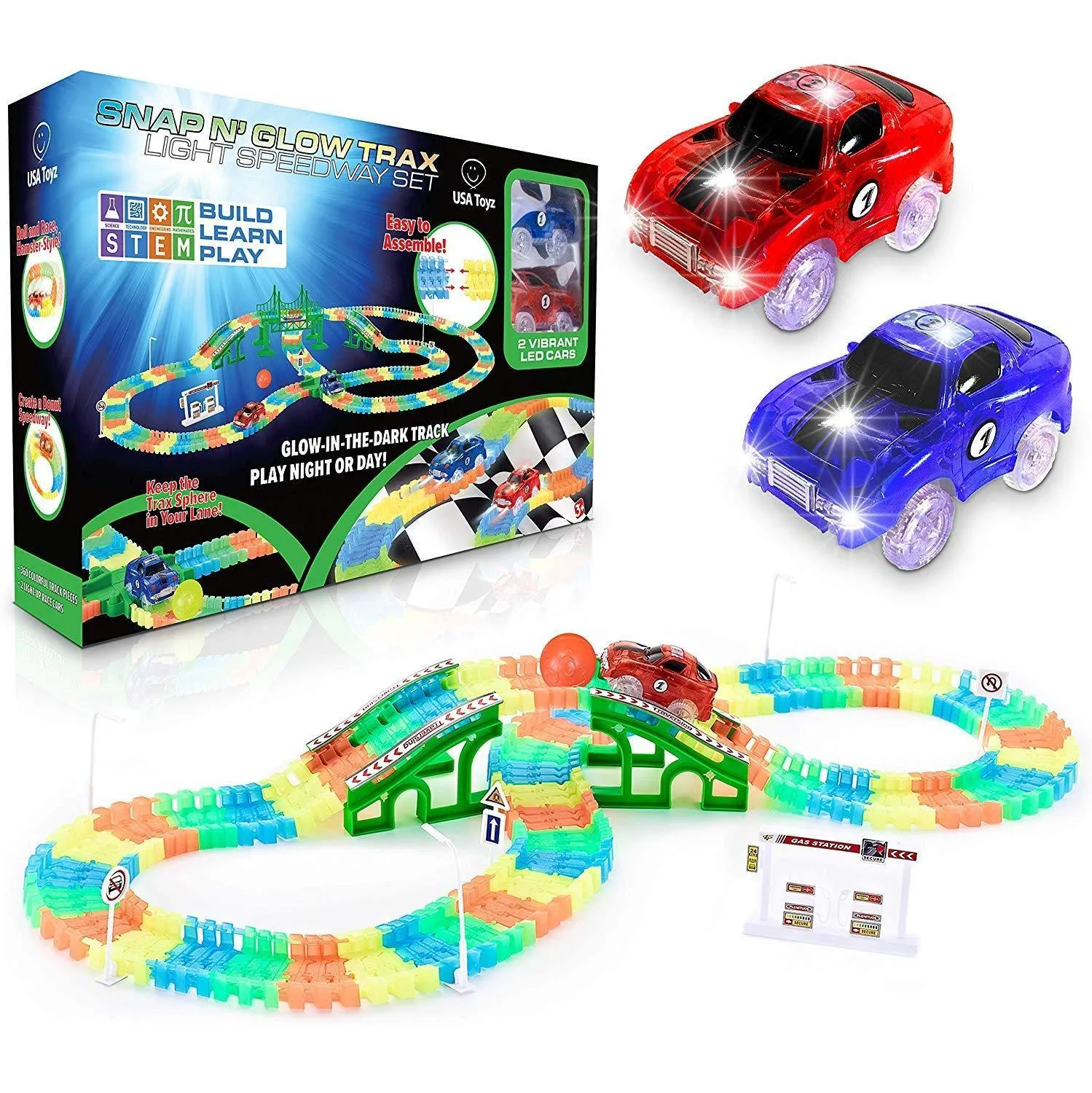 Glow in The Dark Race Car Tracks Flexible Bendable Track Set with Ramps, Bridge, 2 LED Cars (360pk)