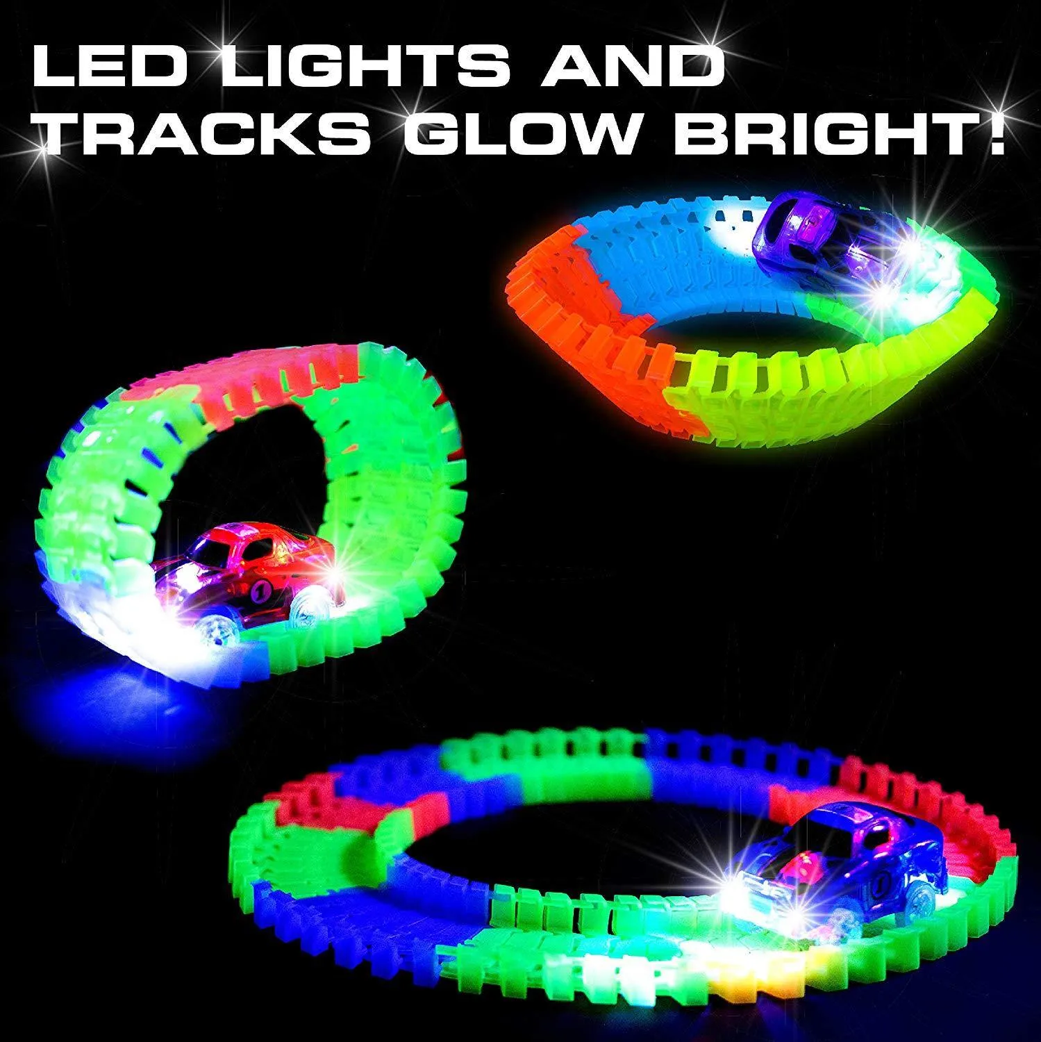Glow in The Dark Race Car Tracks Flexible Bendable Track Set with Ramps, Bridge, 2 LED Cars (360pk)