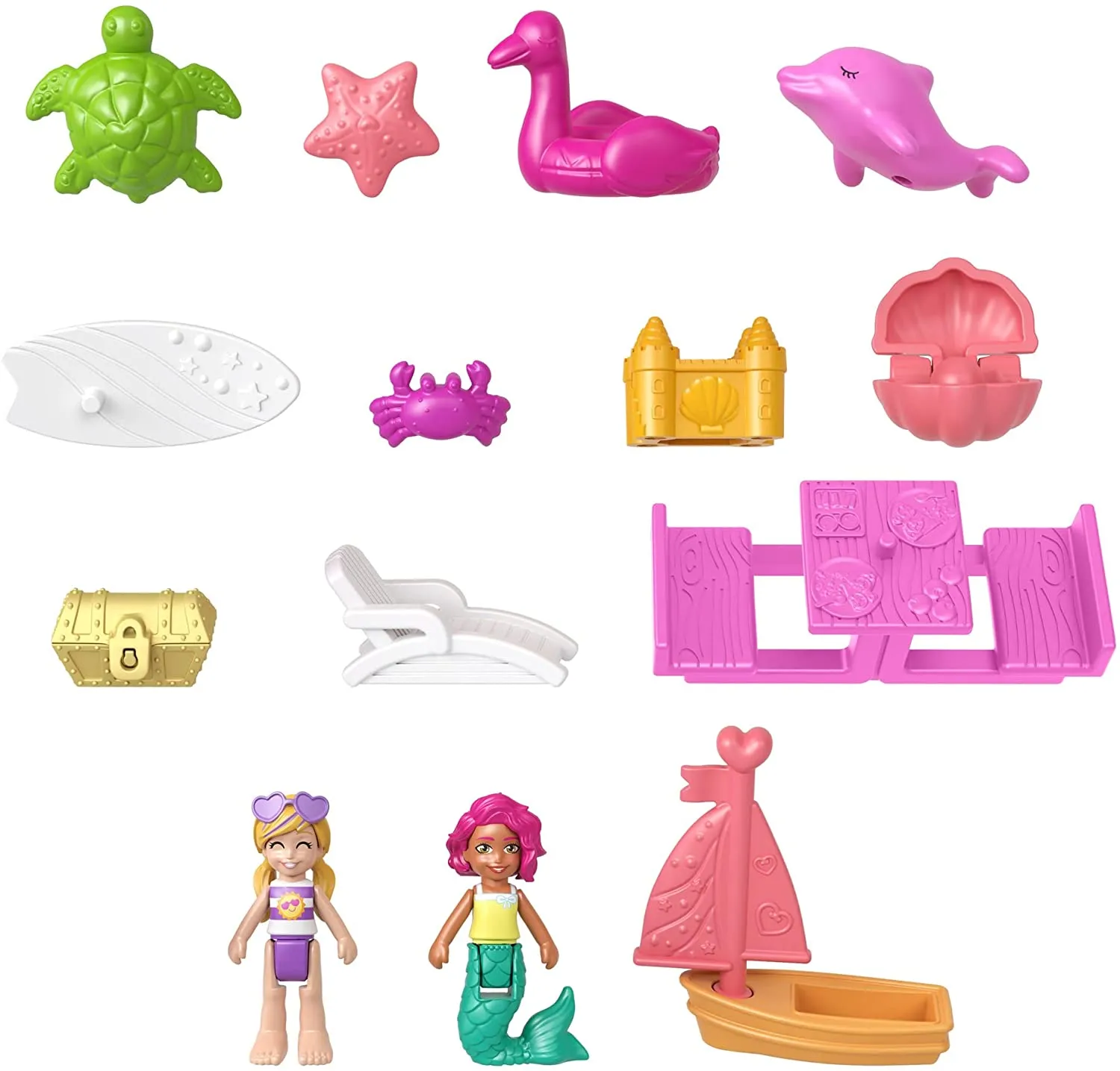 Polly Pocket Dolphin Beach Compact, Beach-Adventure Theme with Micro Polly & Mermaid Doll, 5 Reveals & 13 Accessories, Pop & Swap Feature