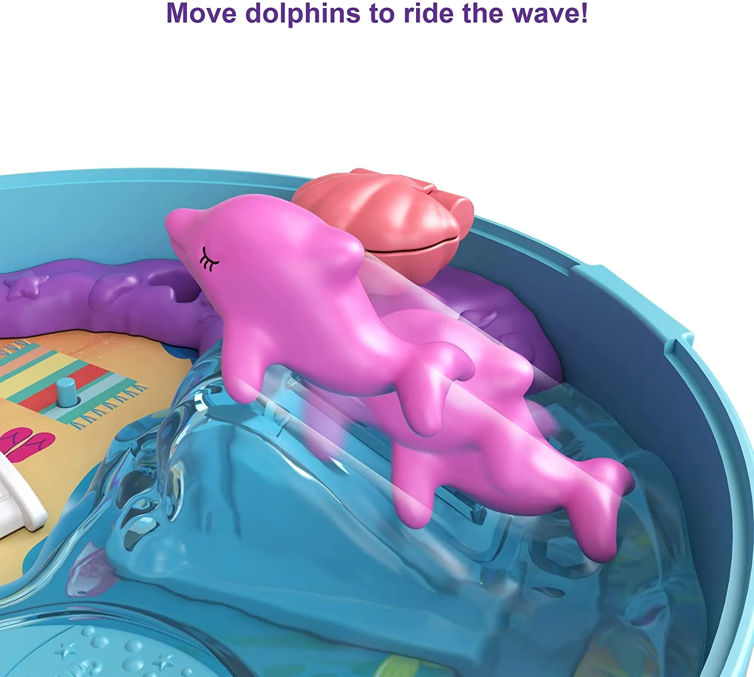 Polly Pocket Dolphin Beach Compact, Beach-Adventure Theme with Micro Polly & Mermaid Doll, 5 Reveals & 13 Accessories, Pop & Swap Feature