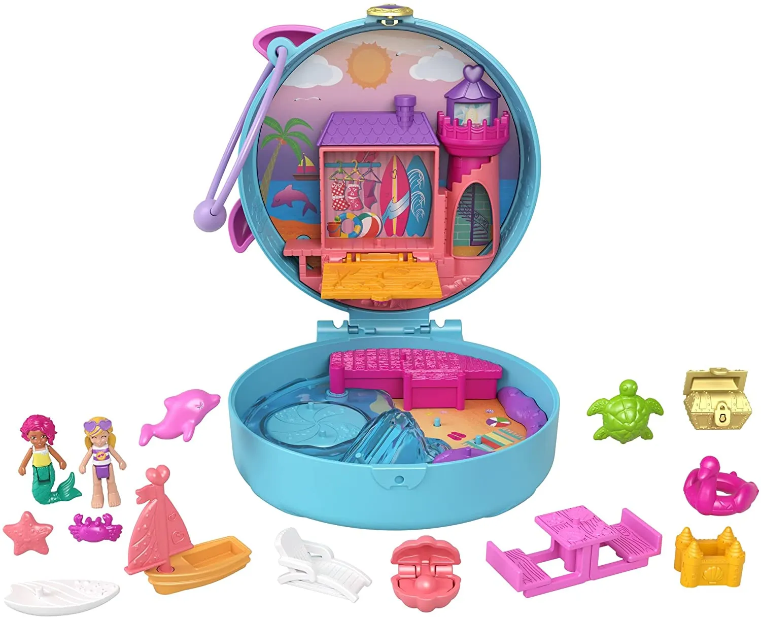 Polly Pocket Dolphin Beach Compact, Beach-Adventure Theme with Micro Polly & Mermaid Doll, 5 Reveals & 13 Accessories, Pop & Swap Feature