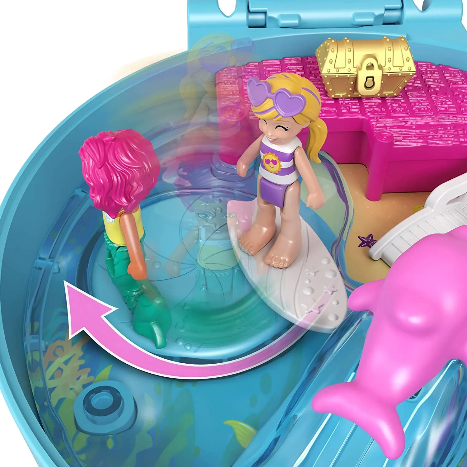 Polly Pocket Dolphin Beach Compact, Beach-Adventure Theme with Micro Polly & Mermaid Doll, 5 Reveals & 13 Accessories, Pop & Swap Feature