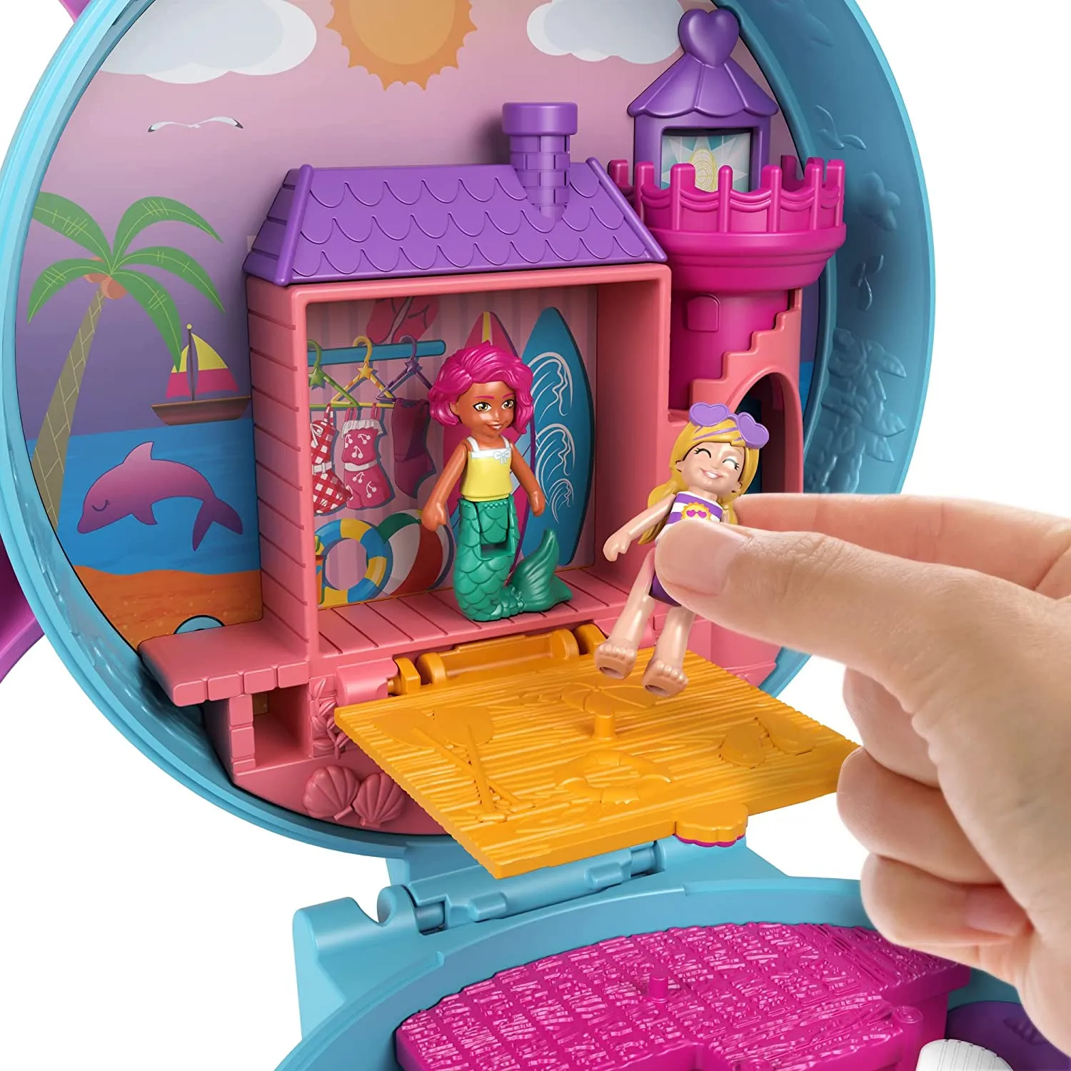 Polly Pocket Dolphin Beach Compact, Beach-Adventure Theme with Micro Polly & Mermaid Doll, 5 Reveals & 13 Accessories, Pop & Swap Feature