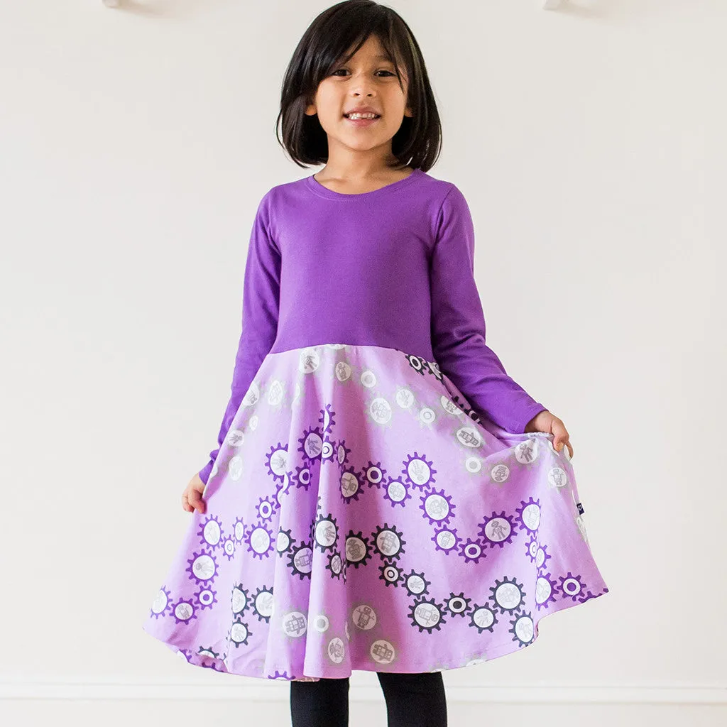 "SparkleBots" Robots Twirly Play Dress with Pockets and Long Sleeves
