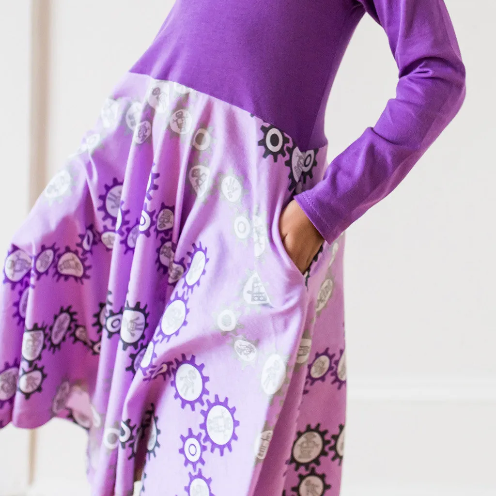 "SparkleBots" Robots Twirly Play Dress with Pockets and Long Sleeves