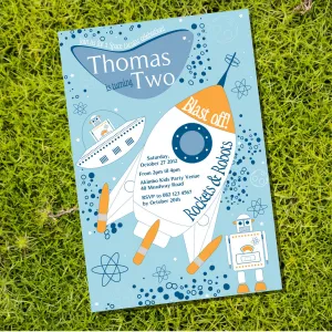 Retro Rockets and Robots Birthday Party Invitations | Space Invitation