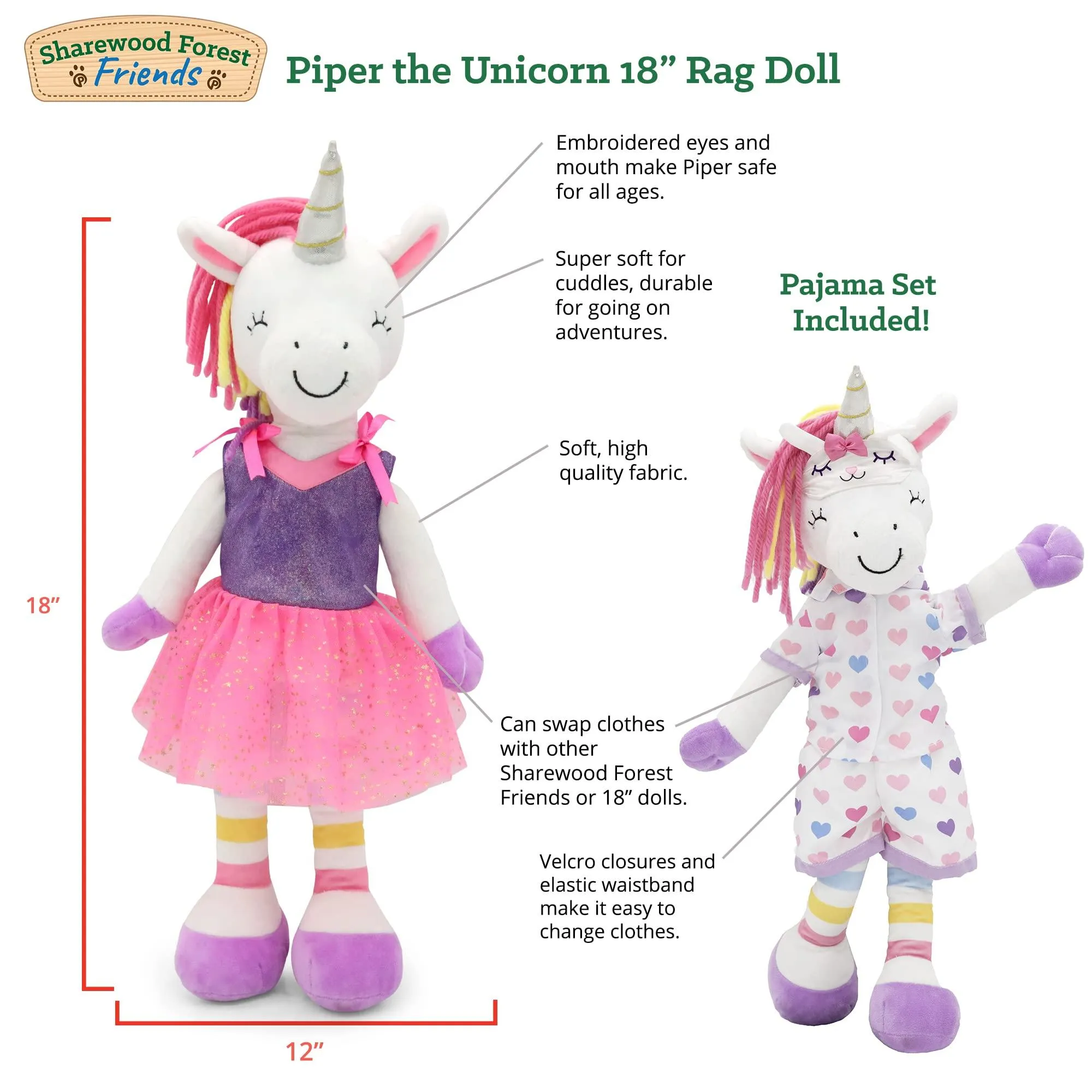 Sharewood Forest Friends 18 Inch Rag Doll Piper the Unicorn
