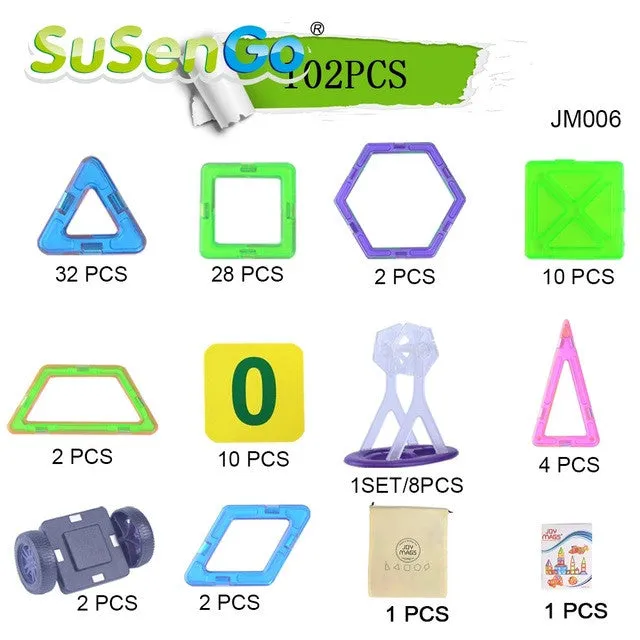 SuSenGo Big Size Magnetic Building Blocks Designer kits 89/102pcs with Ferris Wheel Car Models Children Birthday Gift Toy