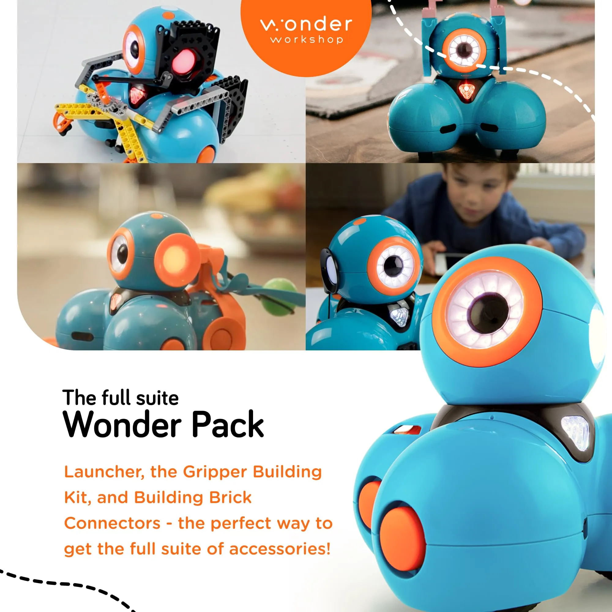 Wonder Workshop Dash Robot Wonder Pack – Coding Educational Bundle for Kids 6  – Free STEM Apps with Instructional Videos - Launcher Toy, Sketch Kit Drawing, Gripper Building