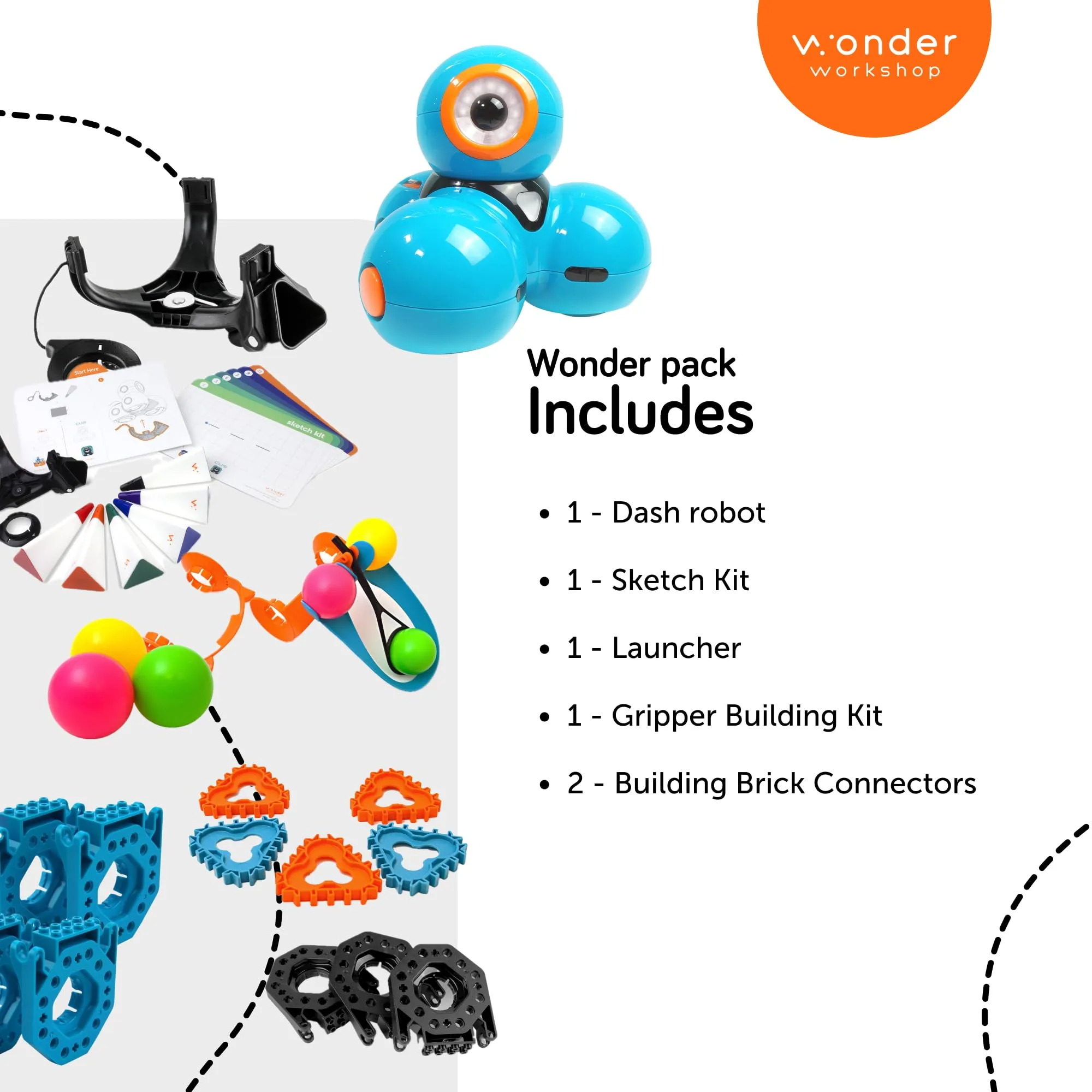 Wonder Workshop Dash Robot Wonder Pack – Coding Educational Bundle for Kids 6  – Free STEM Apps with Instructional Videos - Launcher Toy, Sketch Kit Drawing, Gripper Building