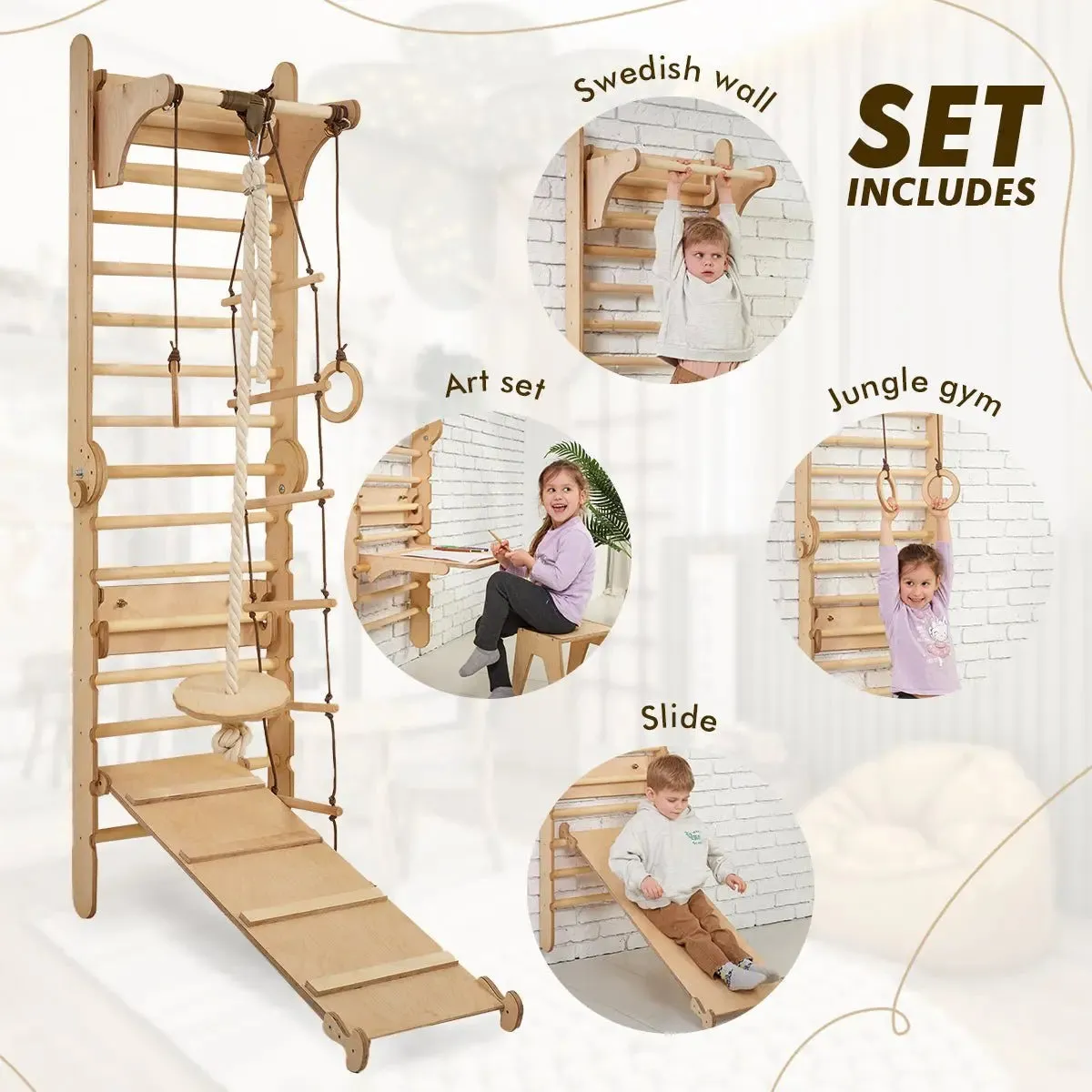 Wooden Swedish Wall / Climbing ladder for Children   Swing Set   Slide Board   Art Add-on